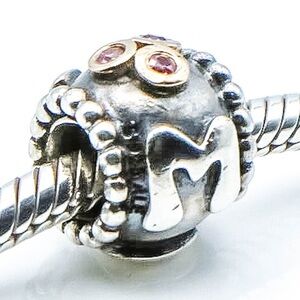 PANDORA MOM Charm w/ Pink Stones. Sterling Silver